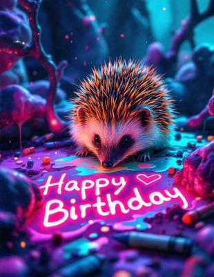 The primary subject of the image is a cute, colorful hedgehog sitting on a colorful, neon-painted cake. The hedgehog is positioned in the center of the cake, and the cake is placed on a table. The setting appears to be a creative and playful environment, possibly a birthday celebration. The visual style of the image is a combination of digital art and illustration, with the vibrant colors and the cute hedgehog as the