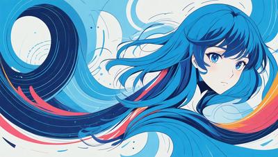 The primary subject of the image is a woman with long blue hair. She is depicted in a blue and white color scheme, which gives her a vibrant and lively appearance. The setting is a blue and white background, which complements the woman's hair color and adds to the overall visual style of the image. The woman's hair is blowing in the wind, giving her a dynamic and energetic presence.