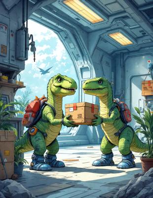 The image features two cartoon green dinosaurs standing next to each other, each holding a box. The dinosaurs appear to be in a room, possibly a warehouse or a storage area. The scene is set in a digital art style, with a vibrant and lively atmosphere. The primary subjects are the two dinosaurs, and the setting is a room with boxes and possibly other storage items.