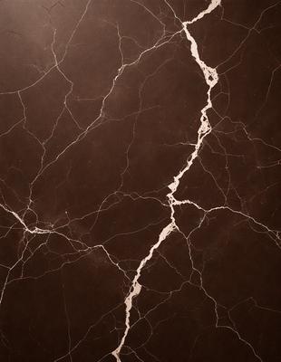 The primary subject of the image is a marble wall with a crack in it. The setting is a room with a brown surface, possibly a countertop or a table. The visual style is a close-up of the marble wall, showcasing the crack and the marble texture. The colors and mood of the image are dark and moody, with the crack in the marble wall adding a sense of imperfection to the otherwise elegant and sophisticated material.