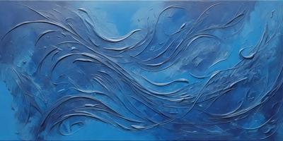 The primary subject of the image is a painting of a blue ocean with waves. The setting is a blue background, and the visual style appears to be a digital art or illustration. The dominant colors in the painting are blue and white, creating a serene and calming atmosphere.