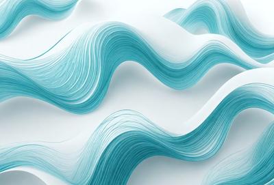 The primary subject of the image is a series of blue and white waves, which are displayed on a white background. The visual style of the image is digital art, as it appears to be a computer-generated or digitally manipulated representation of the waves. The dominant colors in the image are blue and white, creating a calm and serene atmosphere.