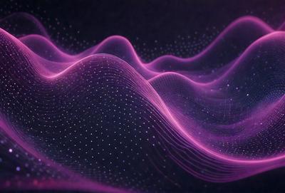 The primary subject of the image is a purple wave, which appears to be a digital art or illustration. The setting is a dark background, and the visual style gives the impression of a futuristic or abstract design. The dominant colors in the image are purple and pink, creating a mood of calmness and tranquility.