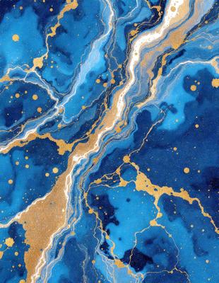 The primary subject of the image is a blue and gold marbled wallpaper with a gold and blue color scheme. The setting is a room with a blue and gold marbled wallpaper, which creates a luxurious and elegant atmosphere. The visual style is a close-up of the wallpaper, showcasing its intricate design and patterns. The colors and mood of the image are predominantly blue and gold, giving it a sophisticated and refined appearance.