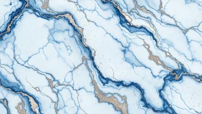 The primary subject of the image is a blue marble wall with a pattern of swirls and waves. The setting is a room with a blue marble floor, and the visual style is a close-up of the marble wall. The colors and mood of the image are predominantly blue, creating a serene and calming atmosphere.