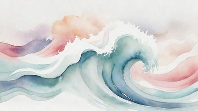 The primary subject of the image is a large wave, which is the main focus of the scene. The wave is depicted in a watercolor style, giving it a vibrant and dynamic appearance. The setting is a body of water, with the wave crashing against the surface. The visual style is a combination of artistic and natural elements, creating a captivating and visually appealing scene. The dominant colors in the image are shades of blue, green, and orange, which contribute to the overall mood of the painting