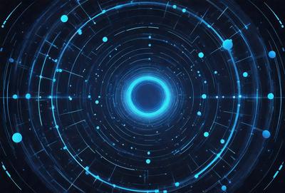 The primary subject of the image is a blue, circular, and glowing object, which appears to be a futuristic or space-themed design. The setting is a dark background, which contrasts with the bright blue object. The visual style is a combination of digital art and illustration, creating a unique and captivating scene. The colors and mood of the image are predominantly blue, giving it a calm and futuristic atmosphere.