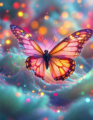 The primary subject of the image is a colorful butterfly, which is the main focus of the scene. The butterfly is surrounded by a vibrant and lively environment, with a backdrop of a colorful, swirling, and sparkling surface. The visual style of the image is a combination of photo and digital art, creating a unique and eye-catching representation of the butterfly. The colors and mood of the image are predominantly bright and cheerful, with the butterfly'