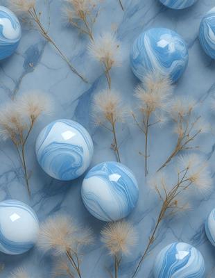 The primary subject of the image is a group of blue glass balls, which are placed on a marble surface. The setting is a blue marble countertop, and the visual style is a photo. The dominant colors in the image are blue and white, creating a calm and serene atmosphere.