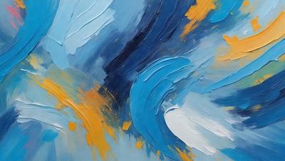 The primary subject of the image is a painting of a blue and yellow wave. The setting is a canvas, and the visual style is a painting. The dominant colors in the painting are blue and yellow, creating a vibrant and lively atmosphere.