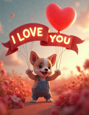 The primary subject of the image is a cartoon dog holding a balloon that says "I love you." The dog is standing in a field of pink flowers, which adds a vibrant and cheerful atmosphere to the scene. The visual style of the image is a combination of digital art and illustration, creating a whimsical and playful mood.