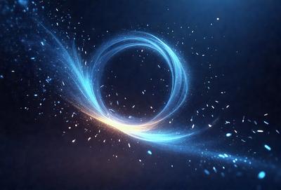 The primary subject of the image is a blue circle with a ring of white sparks around it. The circle appears to be a part of a larger blue and white pattern. The setting is a dark background, which contrasts with the bright blue and white circle. The visual style of the image is digital art, as it is a computer-generated design. The colors and mood of the image are predominantly blue and white, creating a sense of calmness and tranquility.