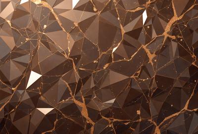 The primary subject of the image is a close-up of a wall with a pattern of triangles and gold. The setting is a room with a brown wall, and the visual style appears to be a combination of digital art and illustration. The dominant colors are gold and brown, creating a warm and inviting atmosphere.