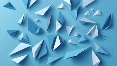 The primary subject of the image is a blue background with numerous white triangles or kites. The triangles are arranged in various shapes and sizes, creating a visually interesting and dynamic scene. The setting appears to be a blue wall or surface, which serves as the backdrop for the triangles. The visual style of the image is a combination of digital art and illustration, as the triangles are carefully crafted and placed to create a cohesive and engaging composition. The colors and mood of the image are predominantly