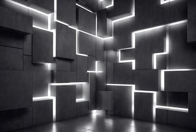 The primary subject of the image is a large, illuminated wall made of concrete blocks. The setting is a dark room, and the visual style appears to be a combination of a photo and digital art. The dominant colors are black and white, creating a moody atmosphere. The wall is adorned with a pattern of light, giving it a unique and intriguing appearance.