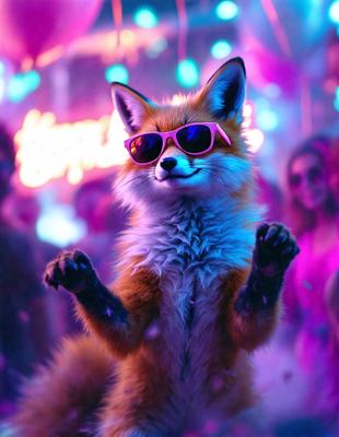 The primary subject of the image is a small, cute fox wearing sunglasses. The fox is standing in a purple-lit environment, which adds a unique and vibrant atmosphere to the scene. The visual style of the image is a combination of photo and digital art, creating a whimsical and playful mood. The colors in the image are predominantly purple, which further enhances the overall mood and aesthetic of the scene.