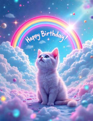 The primary subject of the image is a white cat sitting on a cloud. The setting is a colorful, cloudy sky with a rainbow in the background. The visual style is a digital art or illustration, creating a whimsical and playful atmosphere. The dominant colors are pink, white, and blue, which contribute to the overall mood of the image.