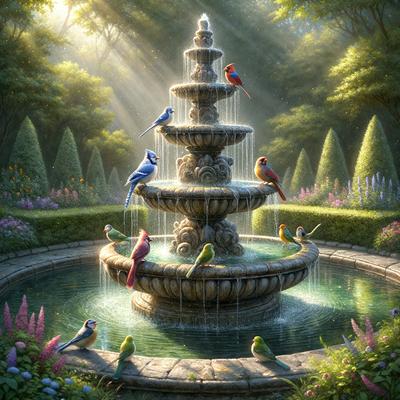 The primary subject of the image is a fountain with a bird bath, surrounded by a garden setting. The fountain is located in the center of the scene, and it is adorned with various birds, including parrots and bluebirds. The birds are perched on the fountain, enjoying the water and the lush garden environment. The visual style of the image is a digital art or illustration, creating a vibrant and colorful atmosphere. The colors and mood of the image are l