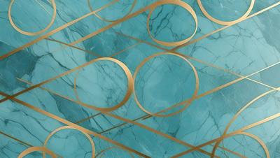 The primary subject of the image is a blue marble wall with gold circles and lines on it. The setting is a room with a blue marble wall as the main focus. The visual style is a combination of digital art and illustration, creating a unique and eye-catching design. The dominant colors are blue and gold, giving the wall a luxurious and elegant appearance.