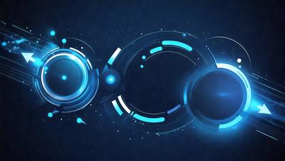 The primary subject of the image is a blue and white circle, which is the main object, scene, or focus of the image. The setting is a blue background, and the visual style is digital art. The dominant colors are blue and white, and the overall atmosphere is futuristic and modern.