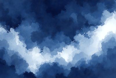 The primary subject of the image is a cloudy blue sky. The setting is a dark blue background, which contrasts with the cloudy sky. The visual style is a watercolor painting, giving the scene a vibrant and artistic appearance. The dominant colors are blue and white, creating a serene and calming atmosphere.