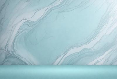 The primary subject of the image is a marble wall with a blue tint. The setting is a room with a blue countertop. The visual style is a photo of the marble wall. The dominant colors are blue and white, creating a calm and sophisticated atmosphere.