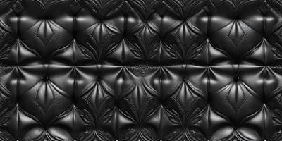 The primary subject of the image is a black leather couch with a patterned design. The setting is a room with a black background, which creates a striking contrast with the couch. The visual style is a close-up of the couch, showcasing its unique pattern. The colors and mood of the image are predominantly black, giving it a bold and modern appearance.