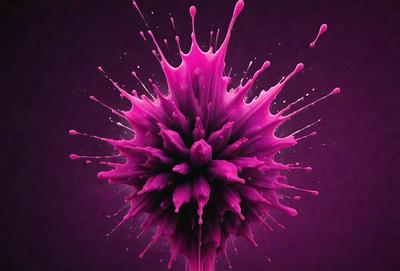 The primary subject of the image is a close-up of a pink and purple splash, which appears to be a digital art or illustration. The setting is a purple background, and the visual style suggests a creative and artistic approach to the image. The dominant colors in the image are pink and purple, creating a vibrant and lively atmosphere.