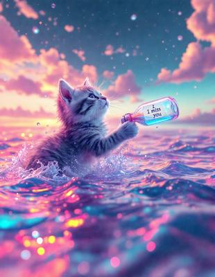 The primary subject of the image is a kitten, which is the main focus of the scene. The kitten is holding a bottle of soda in its mouth, creating a playful and whimsical atmosphere. The setting is a body of water, which adds a sense of depth and contrast to the image. The visual style is a combination of photo and digital art, creating a unique and eye-catching image. The dominant colors are pink and blue, which contribute to the overall mood of the scene.