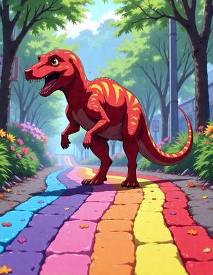 The primary subject of the image is a large, colorful, and cartoonish red and orange dinosaur standing on a rainbow-colored road. The setting is a street with trees in the background, creating a lively and vibrant atmosphere. The visual style is a combination of digital art and illustration, giving the image a unique and playful appearance. The colors and mood of the image are predominantly bright and cheerful, with the dinosaur and rainbow road being the main focus and source of