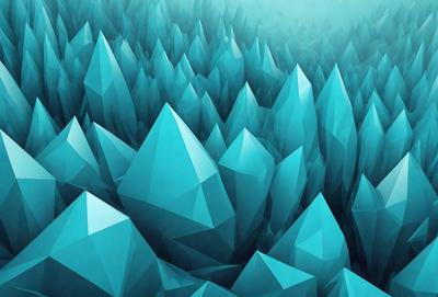 The primary subject of the image is a large group of blue, triangular shapes or crystals, which are arranged in a dense forest-like setting. The visual style of the image is digital art, as it appears to be a computer-generated or digitally rendered scene. The colors and mood of the image are predominantly blue, creating a serene and calming atmosphere.