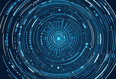 The primary subject of the image is a blue, circular, and intricate design with a central point. The setting is a blue background, and the visual style appears to be a digital art or illustration. The dominant colors are blue and white, creating a calm and serene atmosphere.