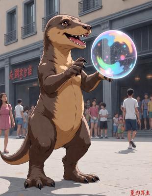 The primary subject of the image is a large, anthropomorphic animal, possibly a bear or a dog, holding a colorful, bubbly ball in its paws. The setting appears to be a city street, with several people walking around in the background. The visual style of the image is a combination of digital art and illustration, creating a whimsical and playful atmosphere. The colors are vibrant and lively, with the bubbly ball being the most prominent feature in the scene.