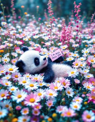 The primary subject of the image is a panda bear. The setting is a field of flowers, with the panda bear lying down in the middle of the field. The visual style is a photo, and the colors and mood are predominantly pink and pastel, creating a warm and inviting atmosphere.