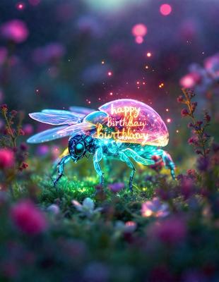 The primary subject of the image is a colorful, glowing, and happy birthday message displayed on a blue butterfly. The butterfly is surrounded by a field of pink flowers, creating a vibrant and cheerful atmosphere. The visual style of the image is a combination of digital art and illustration, with the message and butterfly appearing as if they are floating in the air. The colors and mood of the image are predominantly pink and blue, with a sense of joy and celebration