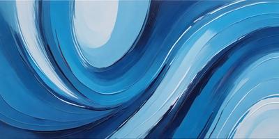 The primary subject of the image is a large, blue, swirling wave. The setting is a blue ocean, and the visual style is a painting or drawing. The dominant colors are blue and white, creating a serene and calming atmosphere.
