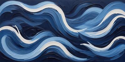 The primary subject of the image is a painting of a wave with two birds flying over it. The setting is a blue ocean, and the visual style appears to be a digital art or illustration. The dominant colors in the painting are blue and white, creating a serene and calming atmosphere.
