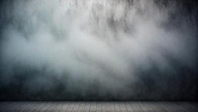 The primary subject of the image is a large, cloudy, and foggy sky. The setting is a dark room with a wooden floor. The visual style is a photo, and the dominant colors are grays and blacks, creating a moody and dramatic atmosphere.