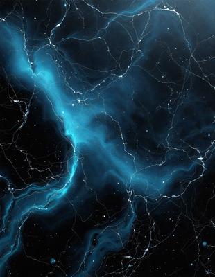 The primary subject of the image is a blue and black space background with a galaxy-like pattern. The setting is a dark, starry sky, and the visual style is a combination of a photo and digital art. The dominant colors are blue and black, creating a moody and atmospheric mood.