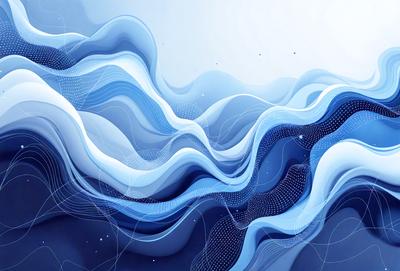 The primary subject of the image is a blue and white ocean wave. The setting is a blue ocean with a white and blue wave. The visual style is digital art, as the wave is depicted in a digital manner. The dominant colors are blue and white, creating a calm and serene atmosphere.