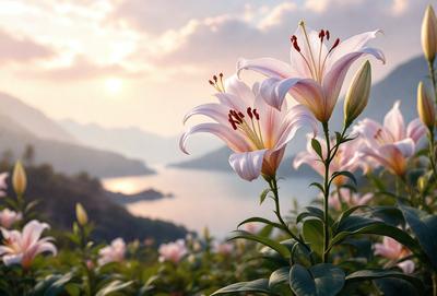 The primary subject of the image is a beautiful white flower with pink petals, which is situated on a hillside overlooking a body of water. The setting is a lush green hillside with a serene lake in the background. The visual style of the image is a photo, capturing the natural beauty of the flower and its surroundings. The colors and mood of the image are predominantly white and pink, creating a sense of tranquility and harmony with nature.
