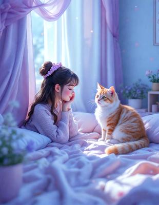 The primary subject of the image is a young girl sitting on a bed, looking at a cat. The setting is a bedroom, with a pink curtain and a window nearby. The visual style is a digital art, creating a warm and cozy atmosphere. The colors are predominantly pink, which adds to the overall mood of the scene.