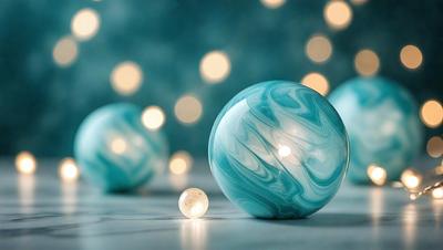 The primary subject of the image is a blue glass ball, which is the main object in the scene. The setting is a table with a blue background, and the visual style is a photo. The dominant colors in the image are blue and white, creating a calm and serene atmosphere.