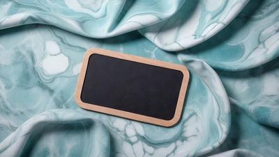 The primary subject of the image is a wooden board with a black square on it. The board is placed on a blue and white fabric, which serves as the setting and background. The visual style of the image is a photo, capturing the wooden board and its black square on the fabric. The colors and mood of the image are predominantly blue and white, creating a calm and serene atmosphere.