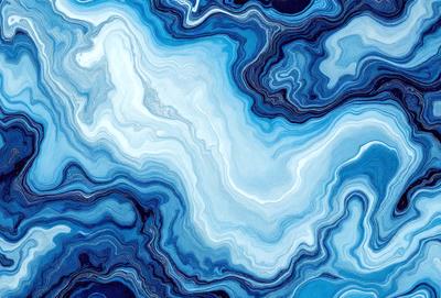 The primary subject of the image is a blue and white ocean wave. The setting is the ocean, with the wave being the main focus of the image. The visual style is a painting, which gives the image a more artistic and creative appearance. The dominant colors are blue and white, creating a serene and calming atmosphere.