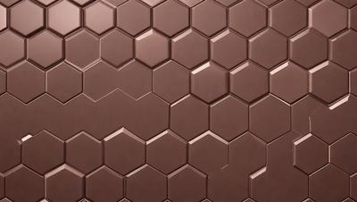 The primary subject of the image is a brown tile wall with a pattern of hexagonal shapes. The setting is a room with a brown tile floor. The visual style is a close-up of the tile wall, showcasing the intricate pattern. The dominant colors are brown and beige, creating a warm and earthy atmosphere.
