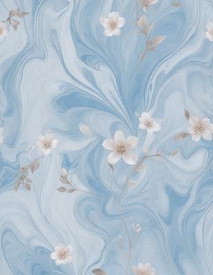 The primary subject of the image is a blue and white flowery wallpaper with a pattern of white flowers. The setting is a room with a blue background, and the visual style is a patterned wallpaper. The dominant colors are blue and white, creating a calm and soothing atmosphere.