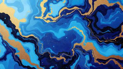 The primary subject of the image is a blue and gold swirling pattern, which appears to be a painting or a digital artwork. The setting is a blue background, and the visual style is a combination of painting and digital art. The dominant colors are blue and gold, creating a vibrant and lively atmosphere.