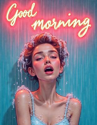 The primary subject of the image is a woman with wet hair, who is posing for a picture. She is wearing a dress and appears to be in a relaxed and comfortable state. The setting is a room with a blue background, and the visual style is a digital art illustration. The colors in the image are predominantly pink and blue, creating a warm and inviting atmosphere.