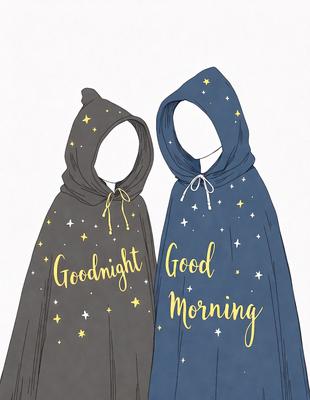 The primary subject of the image is a pair of hooded sweatshirts, one in blue and the other in gray. The setting is a white background, and the visual style is a hand-drawn illustration. The colors and mood of the image are predominantly blue and gray, creating a calm and serene atmosphere.